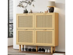 Zapatero de ratán natural, 4 cajones, diseño de madera, con 2 puertas y estantes regulables (100x25x90 cm)