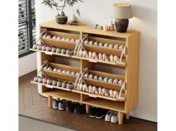Zapatero de ratán natural, 4 cajones, diseño de madera, con 2 puertas y estantes regulables (100x25x90 cm)