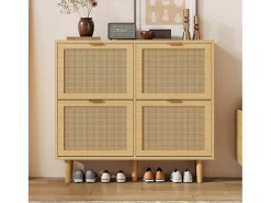 Zapatero de ratán natural, 4 cajones, diseño de madera, con 2 puertas y estantes regulables (100x25x90 cm)