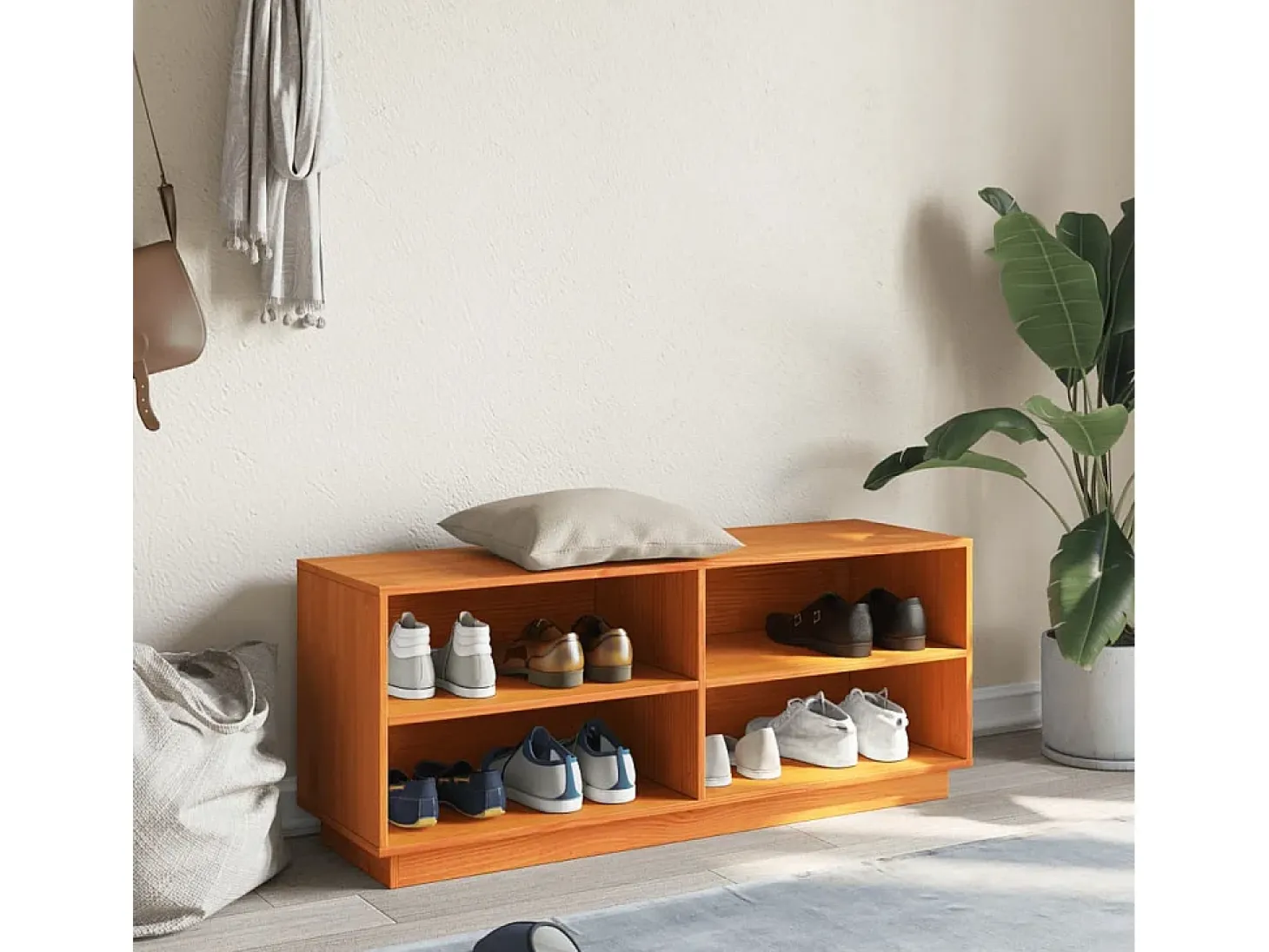 Zapatero encerado marrón 110x34x45 cm madera maciza de pino