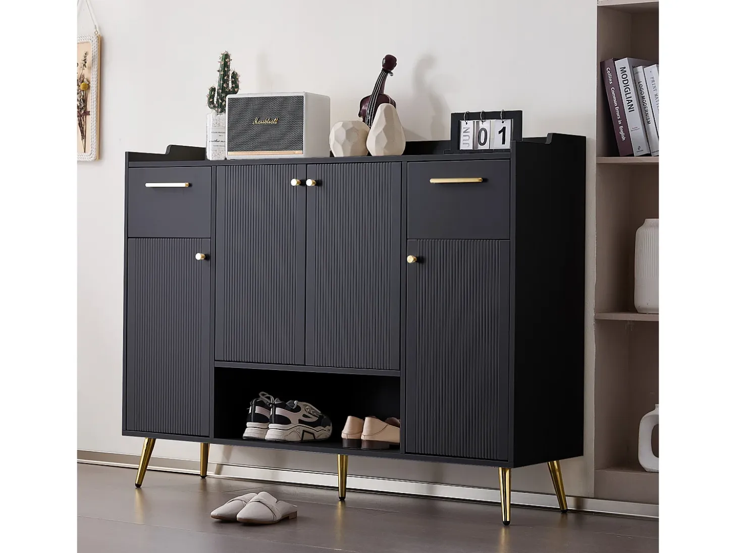 Zapatero, estantería con 2 cajones, 4 puertas y patas de metal, diseño moderno, color negro (130x37x100 cm)