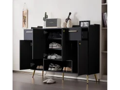 Zapatero, estantería con 2 cajones, 4 puertas y patas de metal, diseño moderno, color negro (130x37x100 cm)