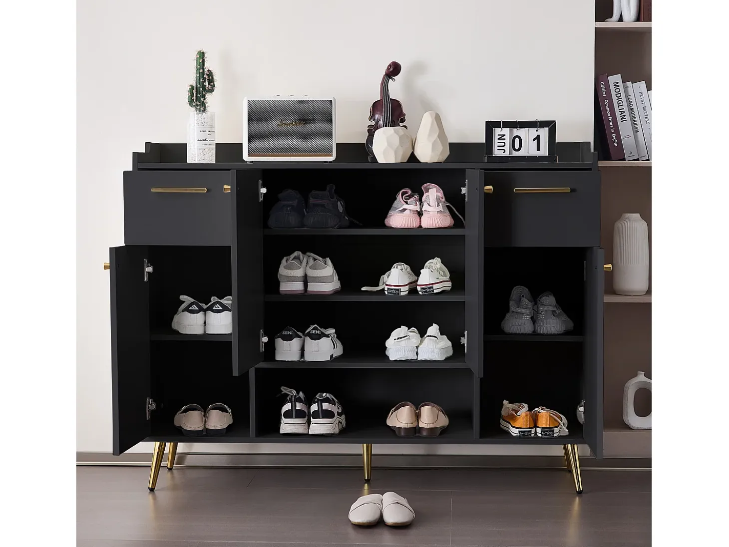 Zapatero, estantería con 2 cajones, 4 puertas y patas de metal, diseño moderno, color negro (130x37x100 cm)