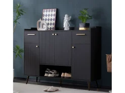 Zapatero, estantería con 2 cajones, 4 puertas y patas de metal, diseño moderno, color negro (130x37x100 cm)