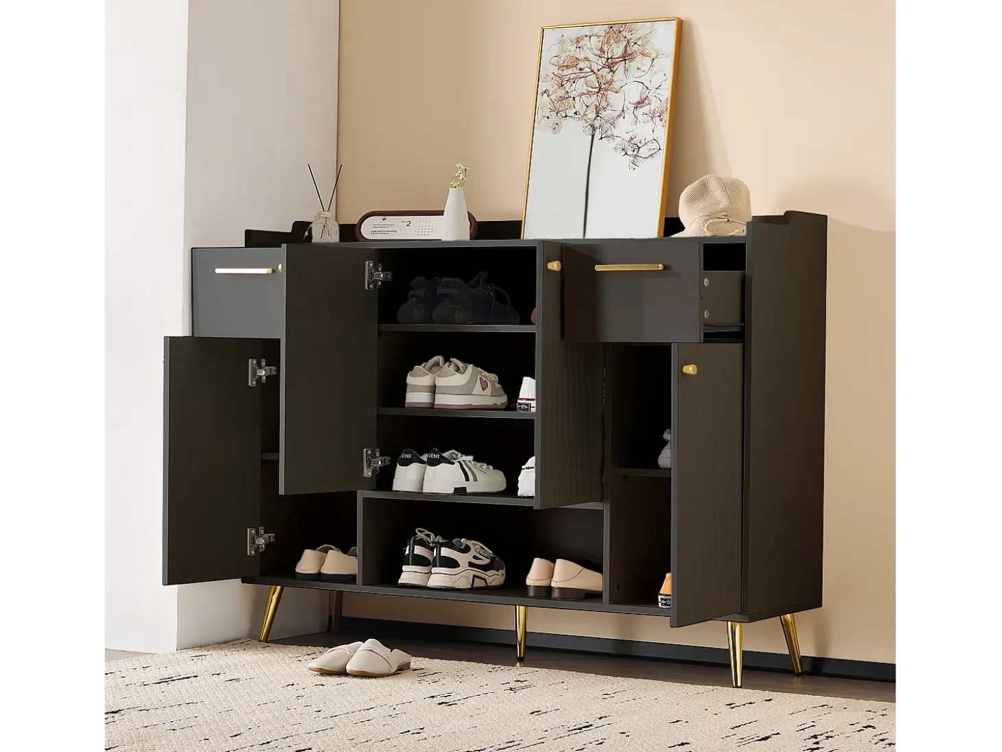 Zapatero, estantería con 2 cajones, 4 puertas y patas de metal, diseño moderno, color negro (130x37x100 cm)