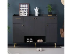 Zapatero, estantería con 2 cajones, 4 puertas y patas de metal, diseño moderno, color negro (130x37x100 cm)