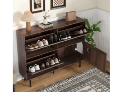 Zapatero estrecho con 3 puertas, espacio para juguetes de mascotas, estantes regulables, MDF, color nogal natural (120x28x92 cm)