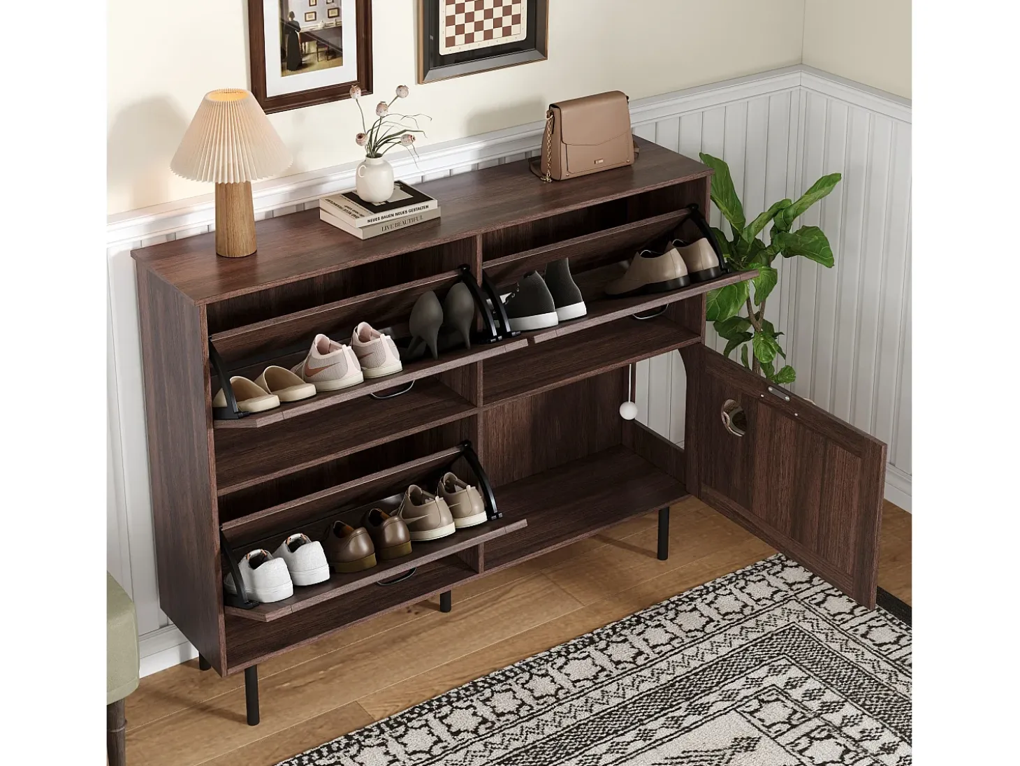 Zapatero estrecho con 3 puertas, espacio para juguetes de mascotas, estantes regulables, MDF, color nogal natural (120x28x92 cm)