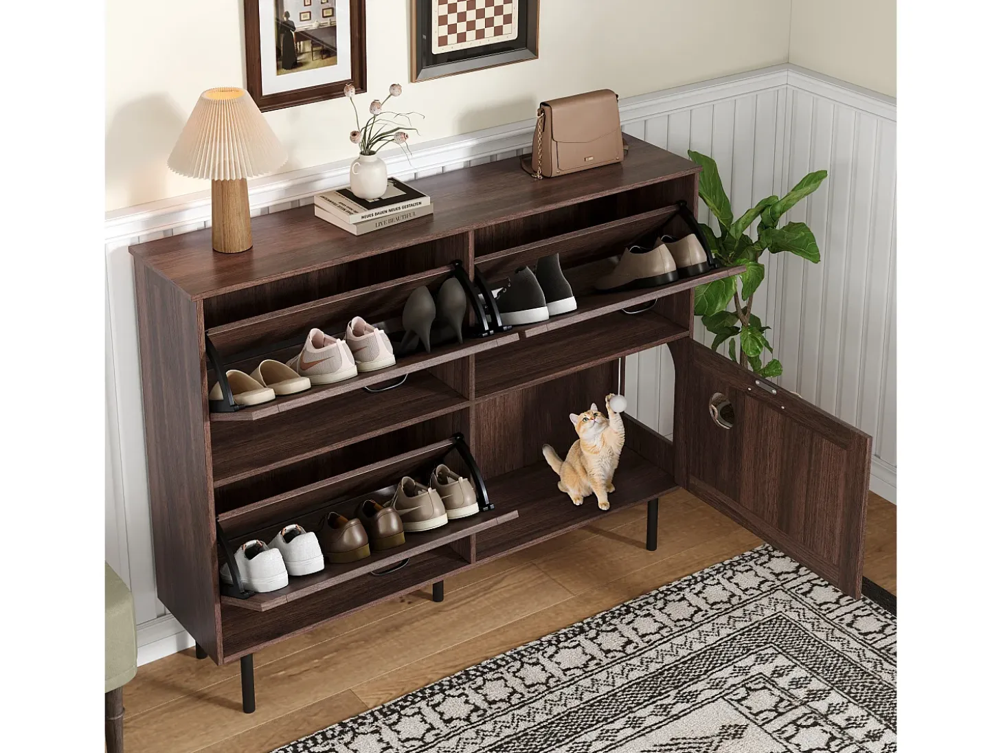 Zapatero estrecho con 3 puertas, espacio para juguetes de mascotas, estantes regulables, MDF, color nogal natural (120x28x92 cm)