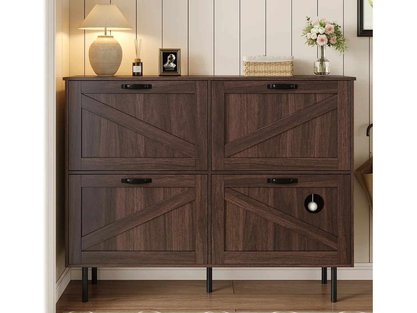 Zapatero estrecho con 3 puertas, espacio para juguetes de mascotas, estantes regulables, MDF, color nogal natural (120x28x92 cm)