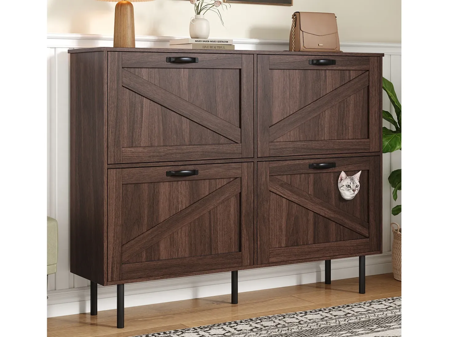 Zapatero estrecho con 3 puertas, espacio para juguetes de mascotas, estantes regulables, MDF, color nogal natural (120x28x92 cm)