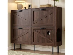 Zapatero estrecho con 3 puertas, espacio para juguetes de mascotas, estantes regulables, MDF, color nogal natural (120x28x92 cm)