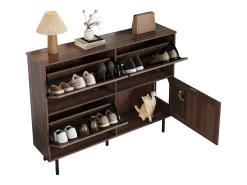 Zapatero estrecho con 3 puertas, espacio para juguetes de mascotas, estantes regulables, MDF, color nogal natural (120x28x92 cm)