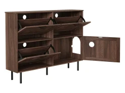 Zapatero estrecho con 3 puertas, espacio para juguetes de mascotas, estantes regulables, MDF, color nogal natural (120x28x92 cm)