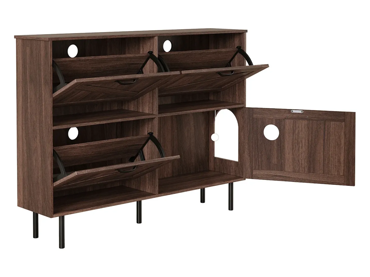 Zapatero estrecho con 3 puertas, espacio para juguetes de mascotas, estantes regulables, MDF, color nogal natural (120x28x92 cm)