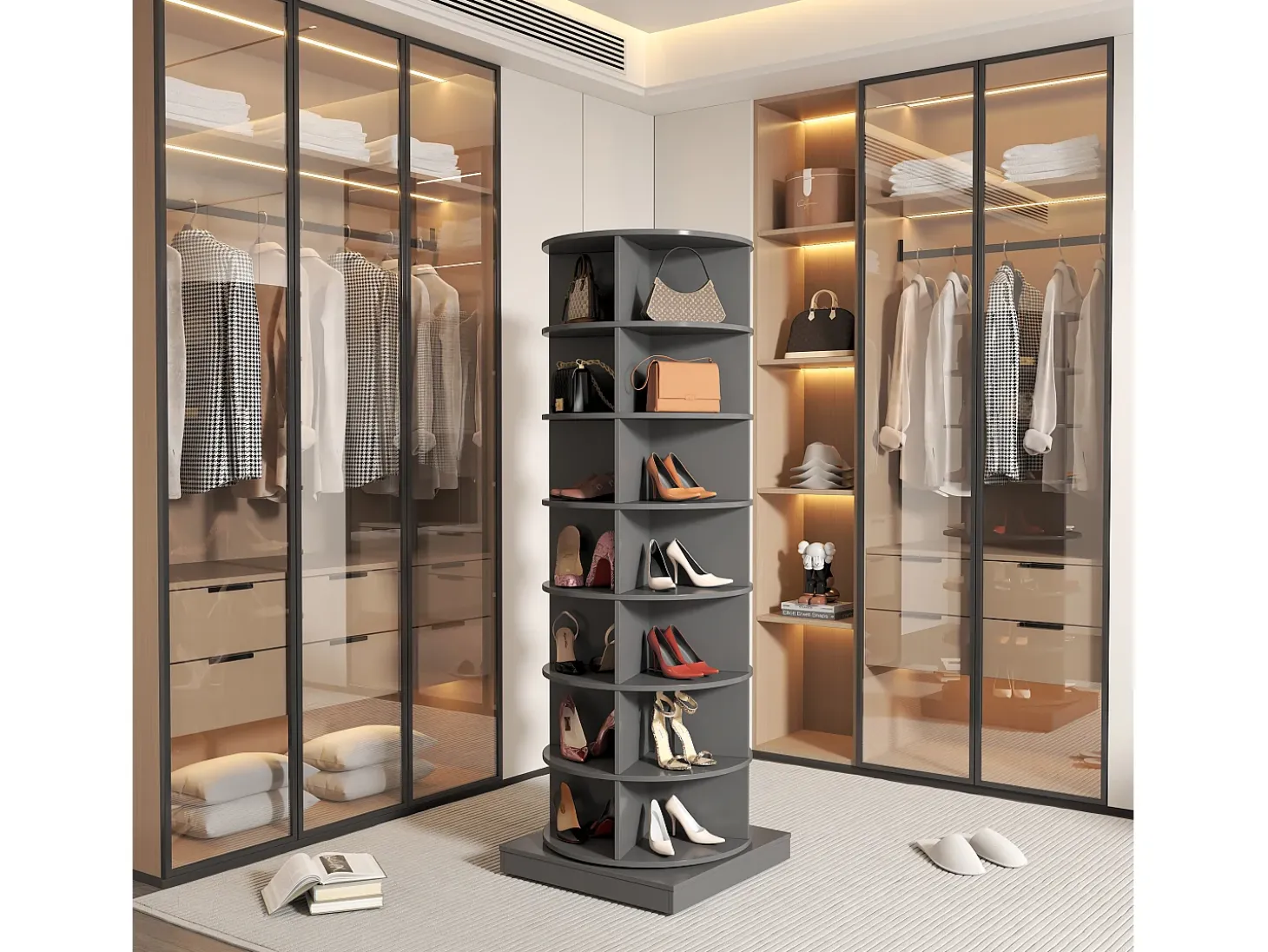 Zapatero giratorio de 360°, 7 niveles, capacidad para 28 pares de zapatos, MDF, gris (60,96 x 60,96 x 165 cm)