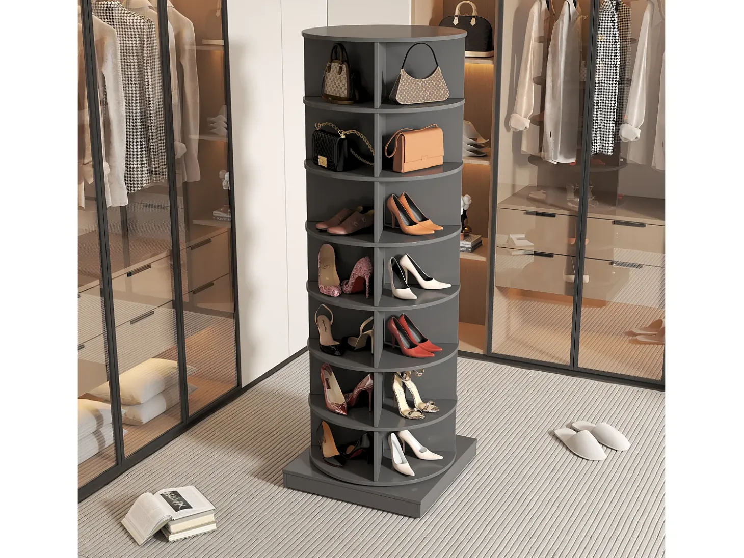 Zapatero giratorio de 360°, 7 niveles, capacidad para 28 pares de zapatos, MDF, gris (60,96 x 60,96 x 165 cm)