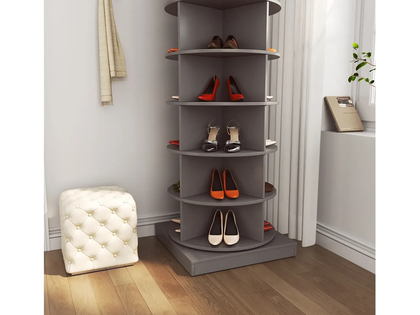 Zapatero giratorio de 360°, 7 niveles, capacidad para 28 pares de zapatos, MDF, gris (60,96 x 60,96 x 165 cm)