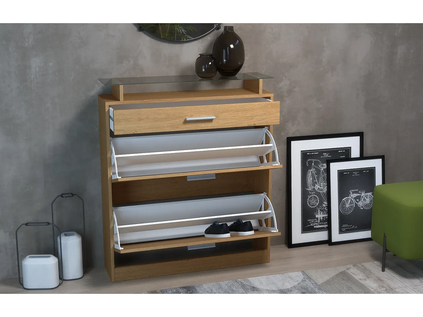 Zapatero Loret – Armario para 16 Pares de Zapatos con 1 Cajón, Estantería para Zapatos en Roble Escandinavo / blanco mate (89 x 104 x 23 cm)