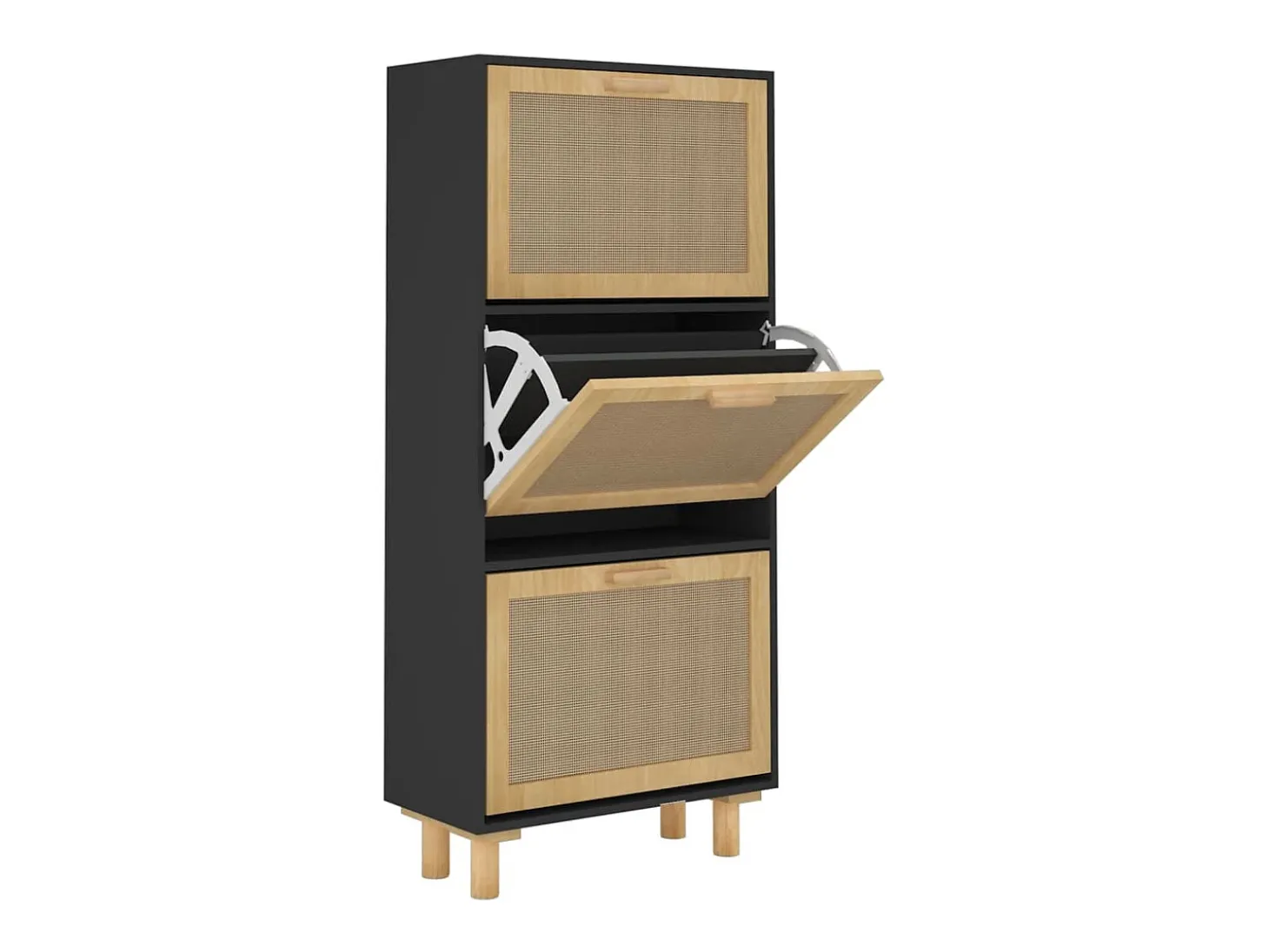 Zapatero madera contrachapada negro ratán natural 52x25x115 cm ES864729