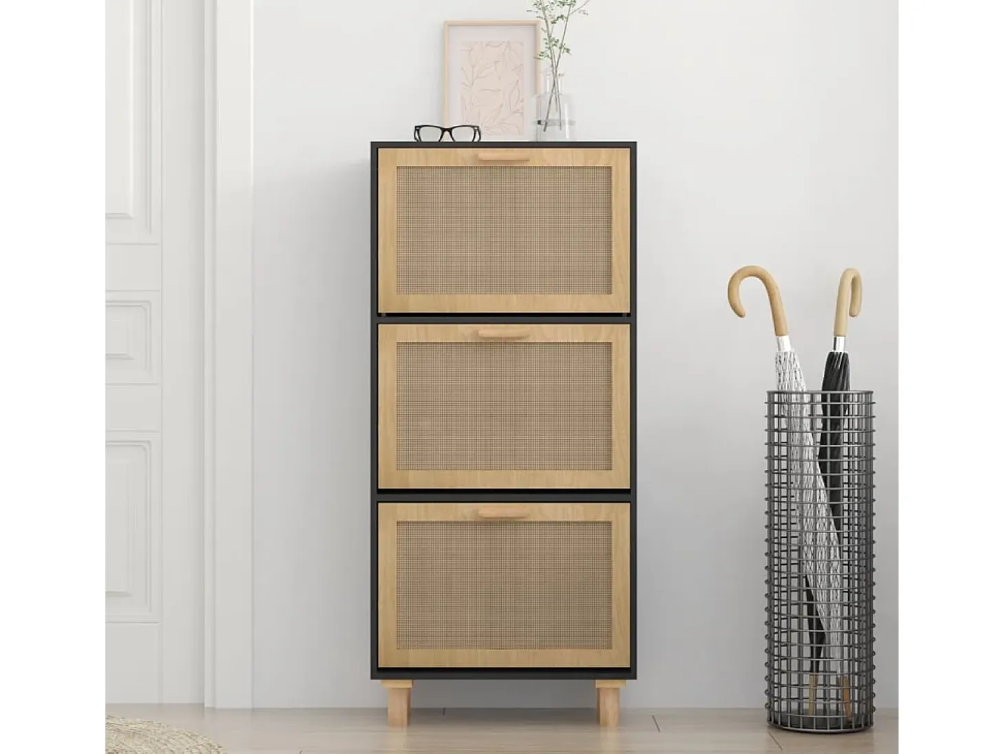 Zapatero madera contrachapada negro ratán natural 52x25x115 cm ES864729