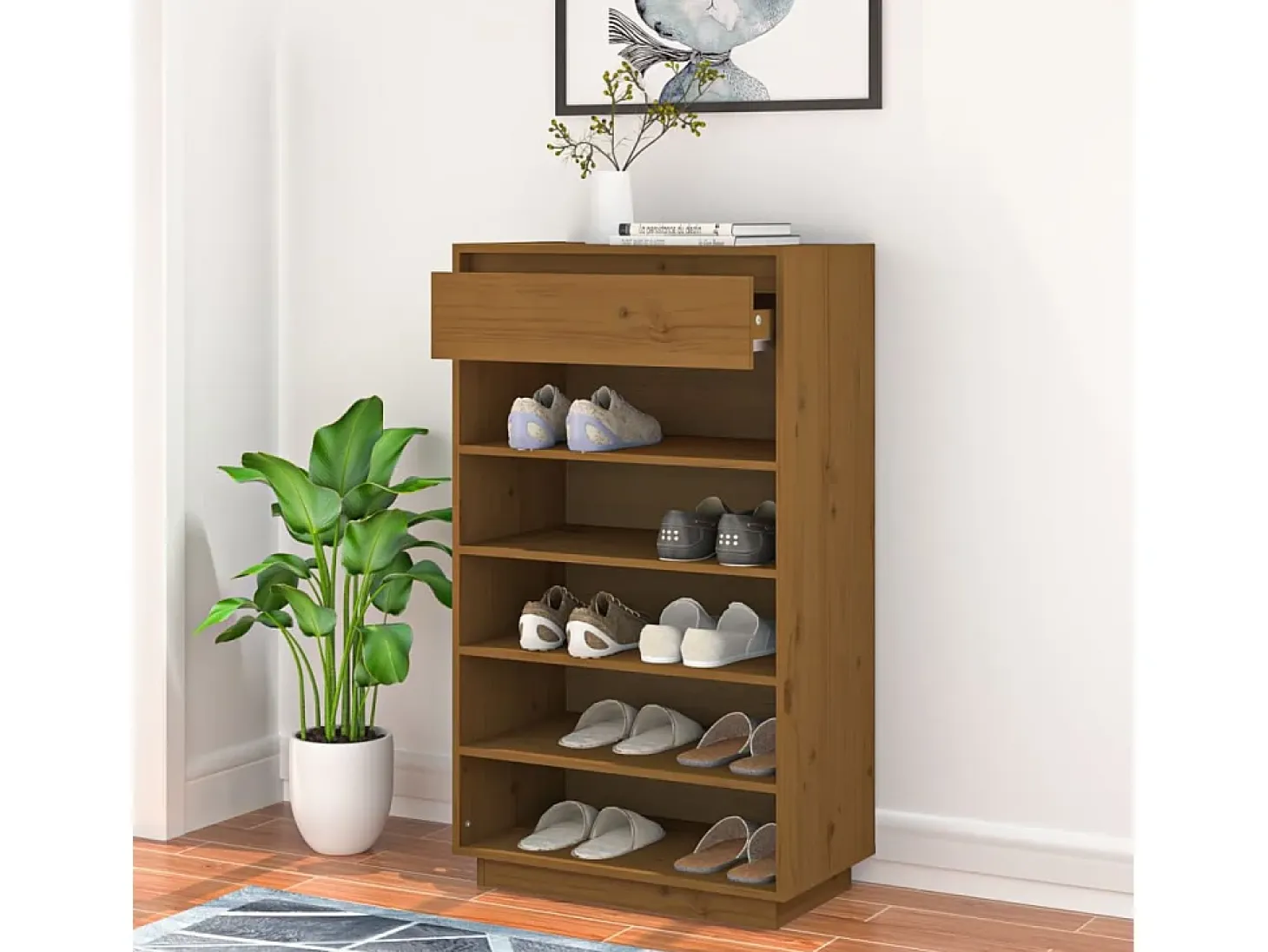 Zapatero Marrón Miel 60x34x105cm Madera Maciza de Pino