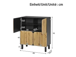 Zapatero moderno - 80 x 38,5 x 95 cm - con 4 puertas + estantes regulables - patas de hierro - MDF - natural + negro