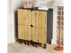 Zapatero moderno - 80 x 38,5 x 95 cm - con 4 puertas + estantes regulables - patas de hierro - MDF - natural + negro