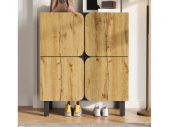 Zapatero moderno - 80 x 38,5 x 95 cm - con 4 puertas + estantes regulables - patas de hierro - MDF - natural + negro