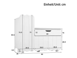 Zapatero moderno - 90 x 35 x 74,5 cm - con 3 puertas + 1 cajón + cojín de asiento - MDF - blanco