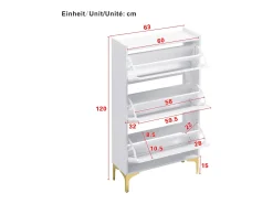 Zapatero moderno - 63 x 24 x 120 cm - con 3 puertas + patas metálicas - MDF - blanco