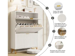 Zapatero moderno blanco con 3 cajones de madera, tiradores dorados, pequeños estriados.