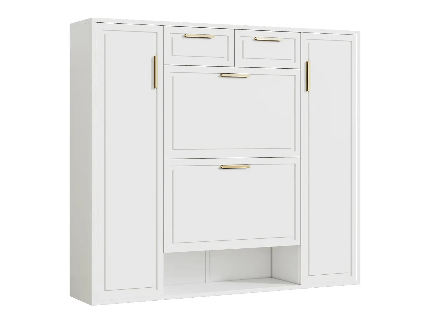 Zapatero moderno con 2 cajones, 3 puertas, 2 baldas regulables y tiradores dorados, blanco (120x24x107 cm)