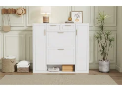 Zapatero moderno con 2 cajones, 3 puertas, 2 baldas regulables y tiradores dorados, blanco (120x24x107 cm)