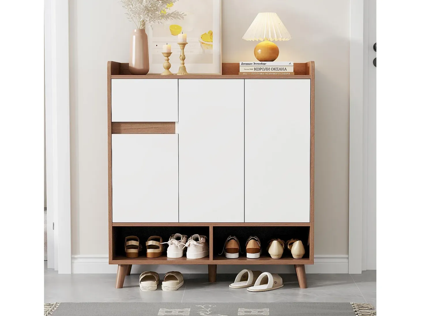 Zapatero moderno con 2 estantes zapateros, 4 puertas, estantes regulables, madera maciza, blanco (120x35x99 cm)