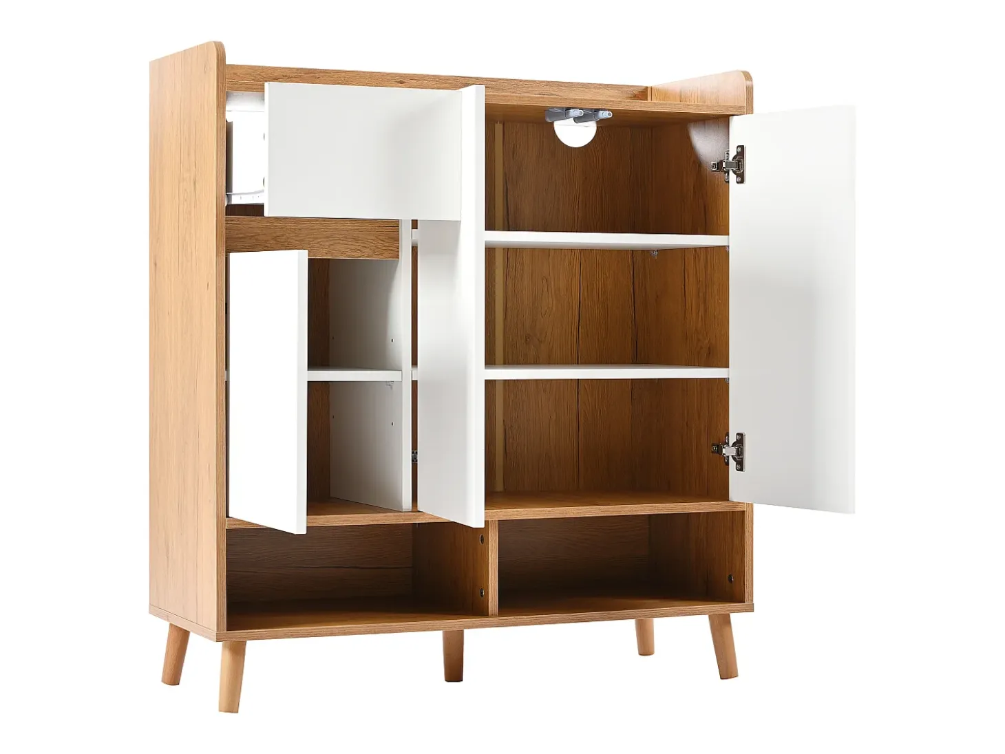 Zapatero moderno con 2 estantes zapateros, 4 puertas, estantes regulables, madera maciza, blanco (120x35x99 cm)