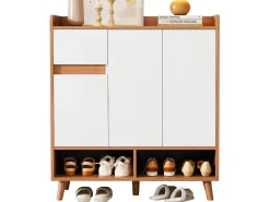 Zapatero moderno con 2 estantes zapateros, 4 puertas, estantes regulables, madera maciza, blanco (120x35x99 cm)