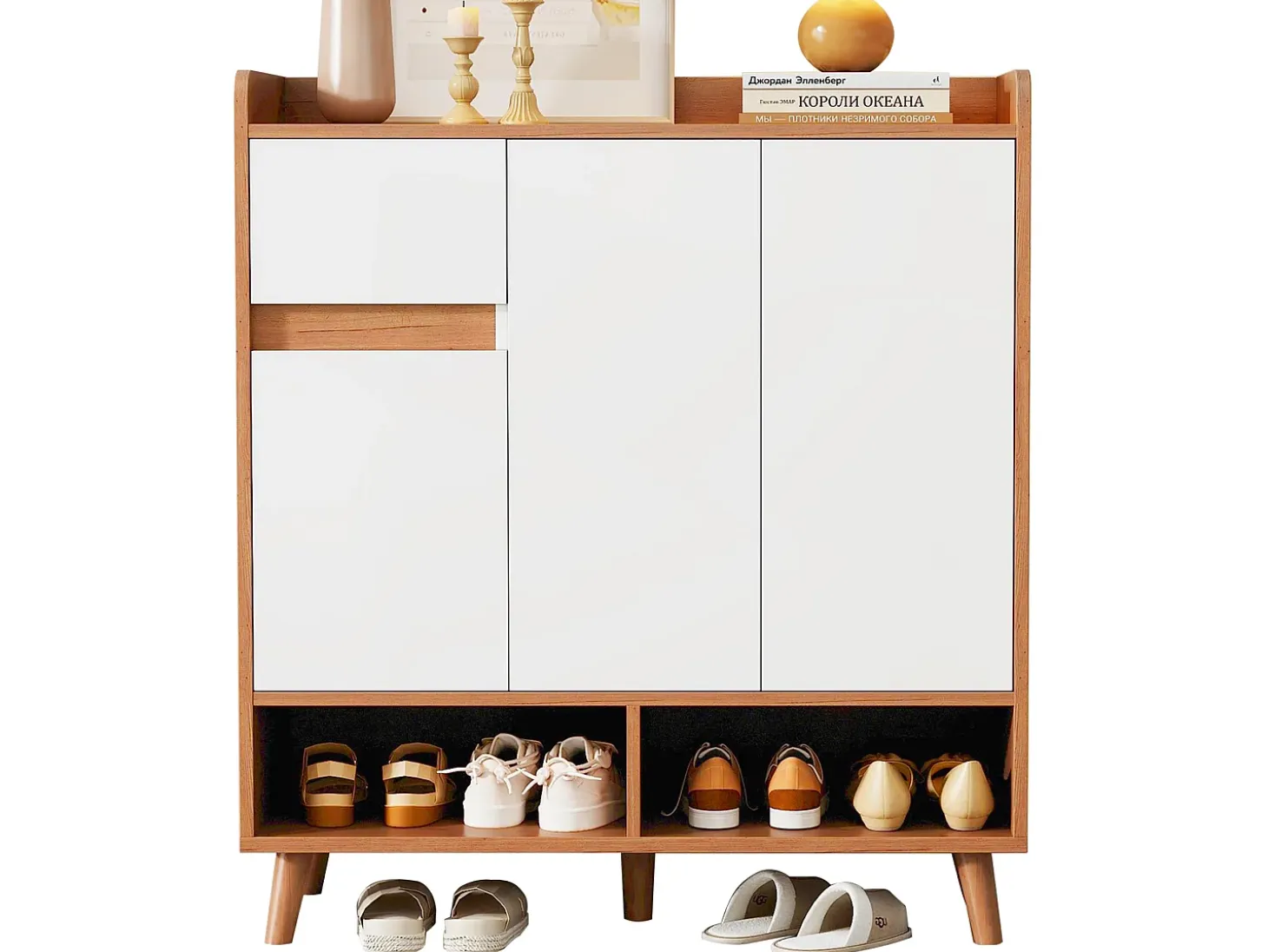 Zapatero moderno con 2 estantes zapateros, 4 puertas, estantes regulables, madera maciza, blanco (120x35x99 cm)