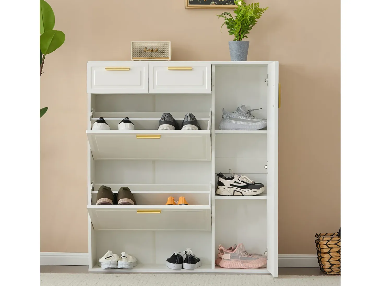 Zapatero moderno con estantes regulables, tiradores dorados, cajones y puertas, blanco (95x24x107,5 cm)