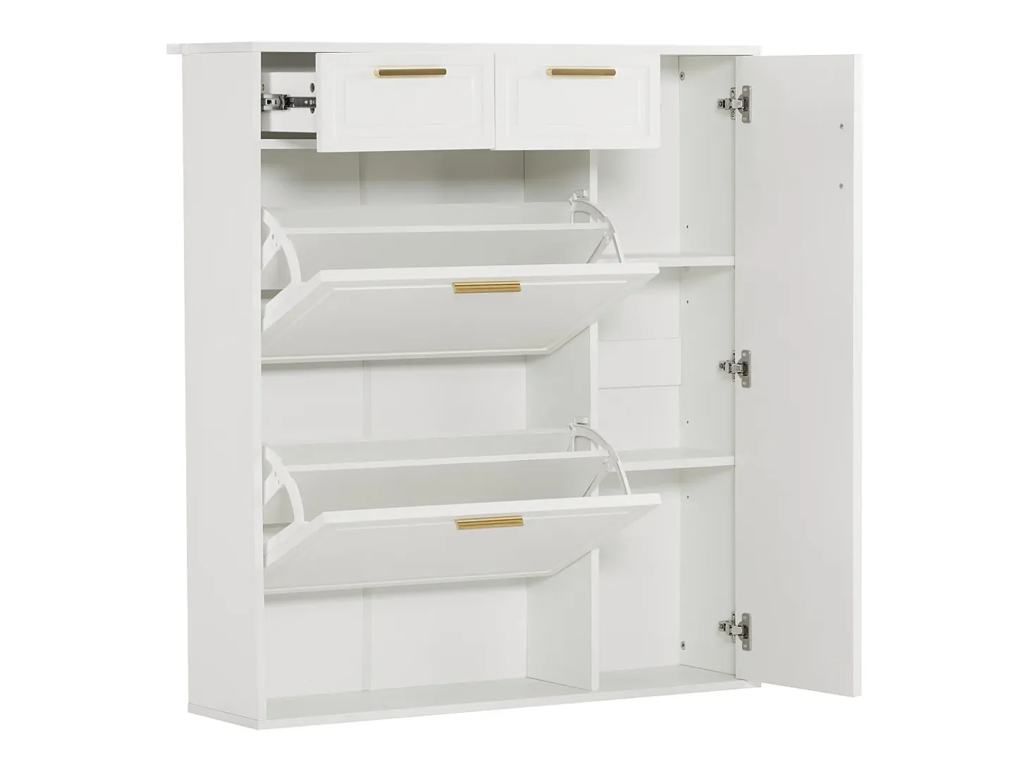 Zapatero moderno con estantes regulables, tiradores dorados, cajones y puertas, blanco (95x24x107,5 cm)