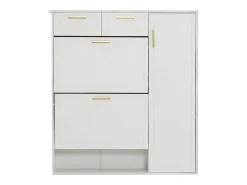 Zapatero moderno con estantes regulables, tiradores dorados, cajones y puertas, blanco (95x24x107,5 cm)