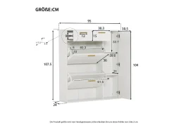 Zapatero moderno con estantes regulables, tiradores dorados, cajones y puertas, blanco (95x24x107,5 cm)