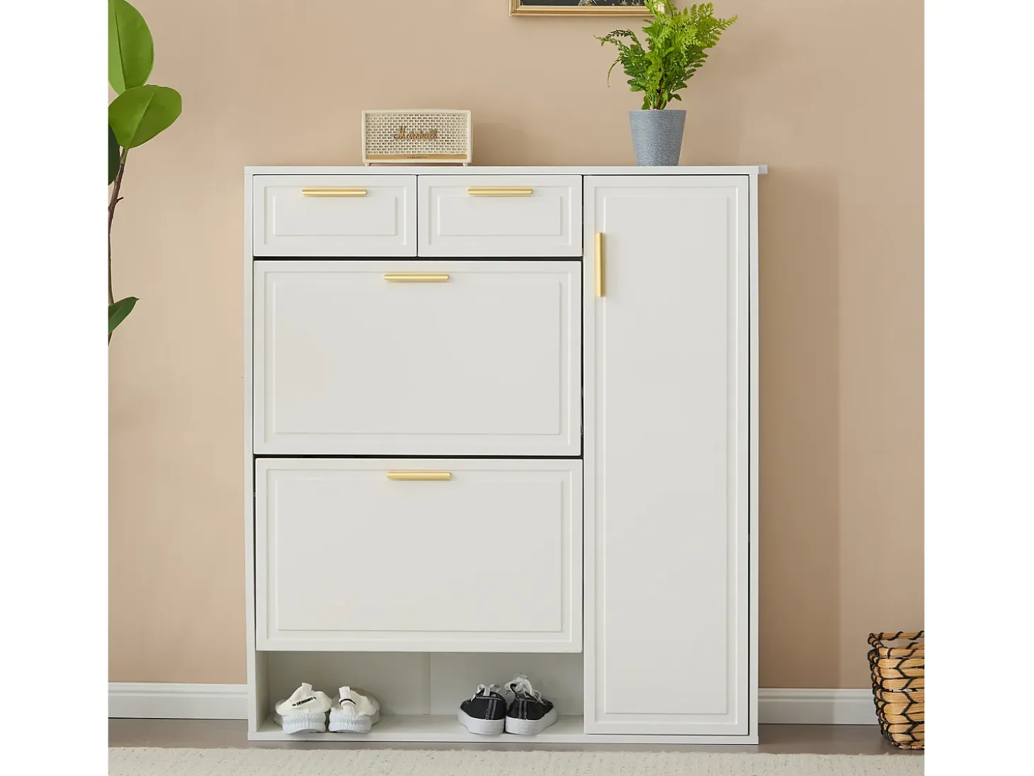 Zapatero moderno con estantes regulables, tiradores dorados, cajones y puertas, blanco (95x24x107,5 cm)