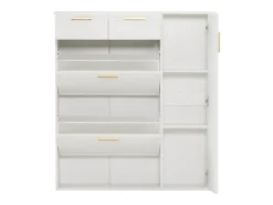Zapatero moderno con estantes regulables, tiradores dorados, cajones y puertas, blanco (95x24x107,5 cm)