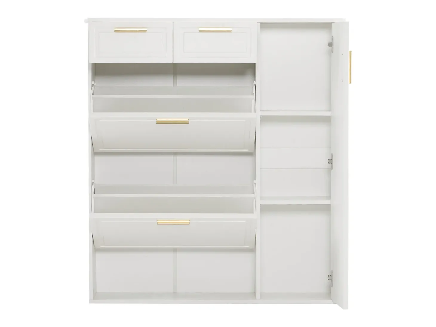 Zapatero moderno con estantes regulables, tiradores dorados, cajones y puertas, blanco (95x24x107,5 cm)