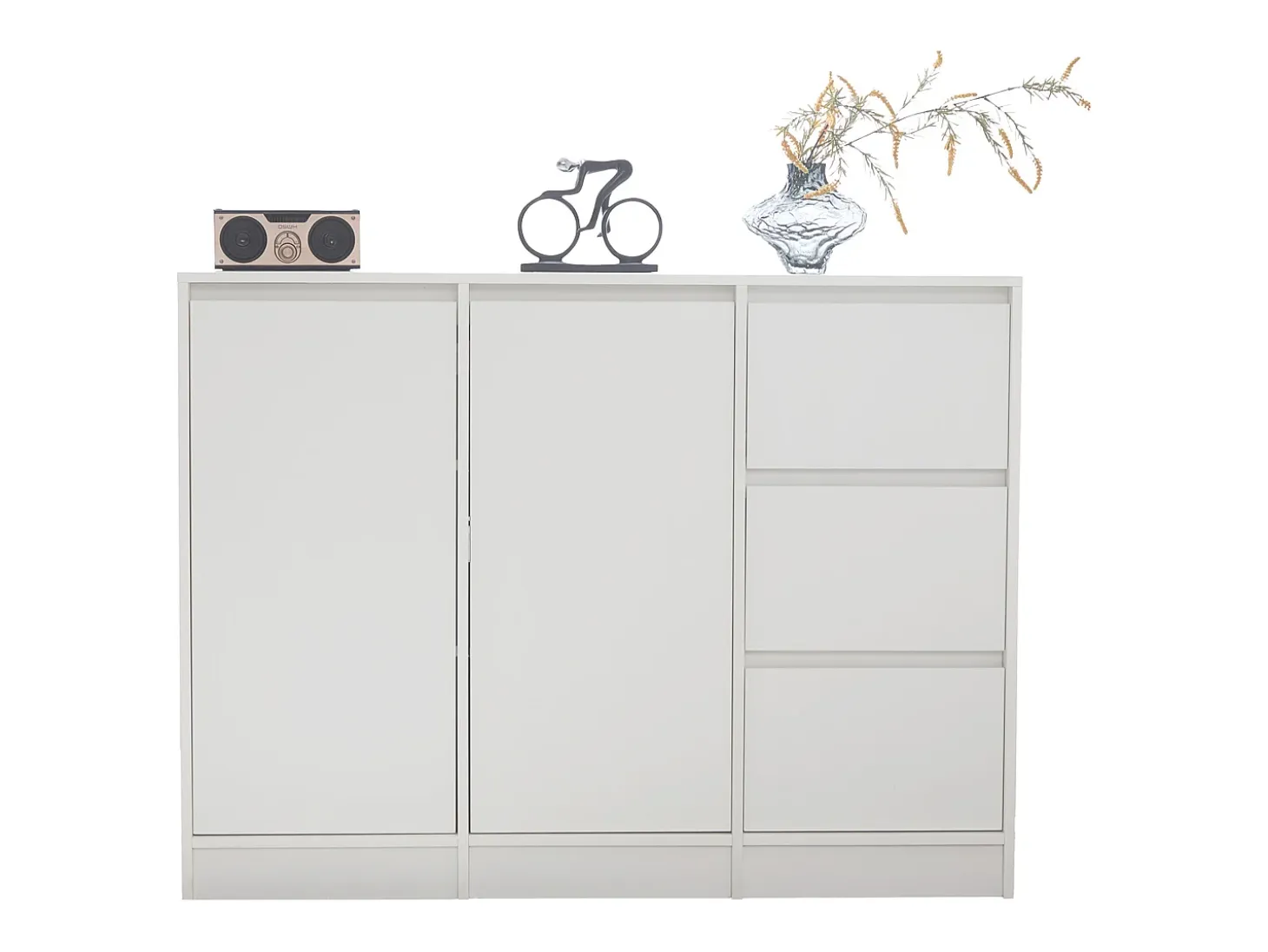 Zapatero moderno con gran espacio de almacenaje, 2 puertas y 3 cajones, balda regulable, blanco (120x35x90 cm)