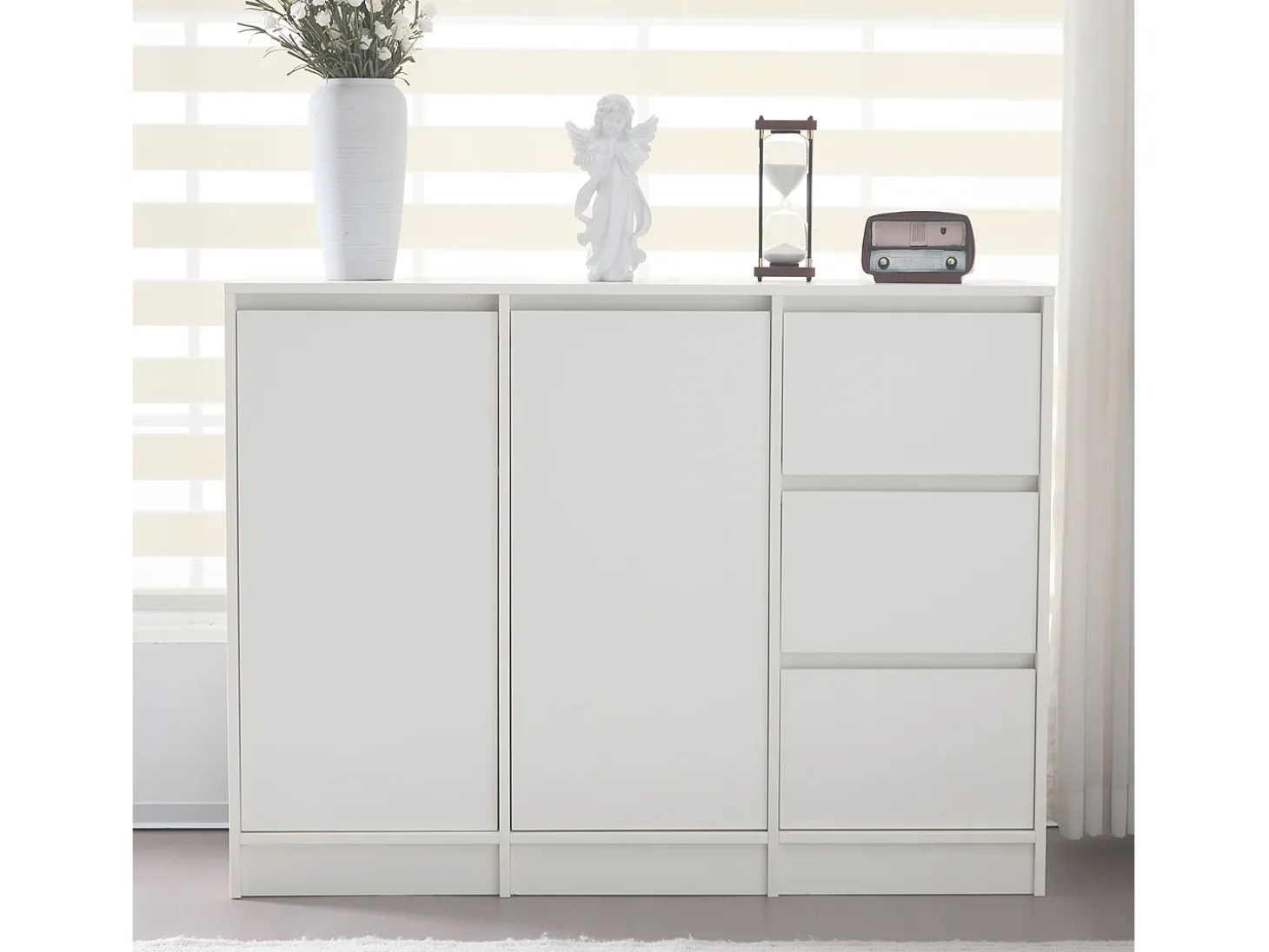 Zapatero moderno con gran espacio de almacenaje, 2 puertas y 3 cajones, balda regulable, blanco (120x35x90 cm)
