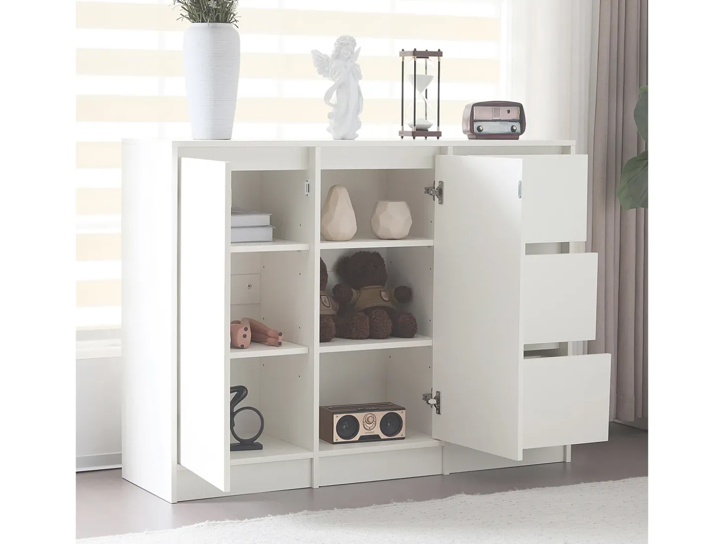 Zapatero moderno con gran espacio de almacenaje, 2 puertas y 3 cajones, balda regulable, blanco (120x35x90 cm)
