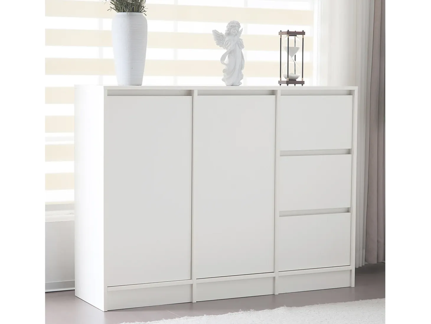 Zapatero moderno con gran espacio de almacenaje, 2 puertas y 3 cajones, balda regulable, blanco (120x35x90 cm)