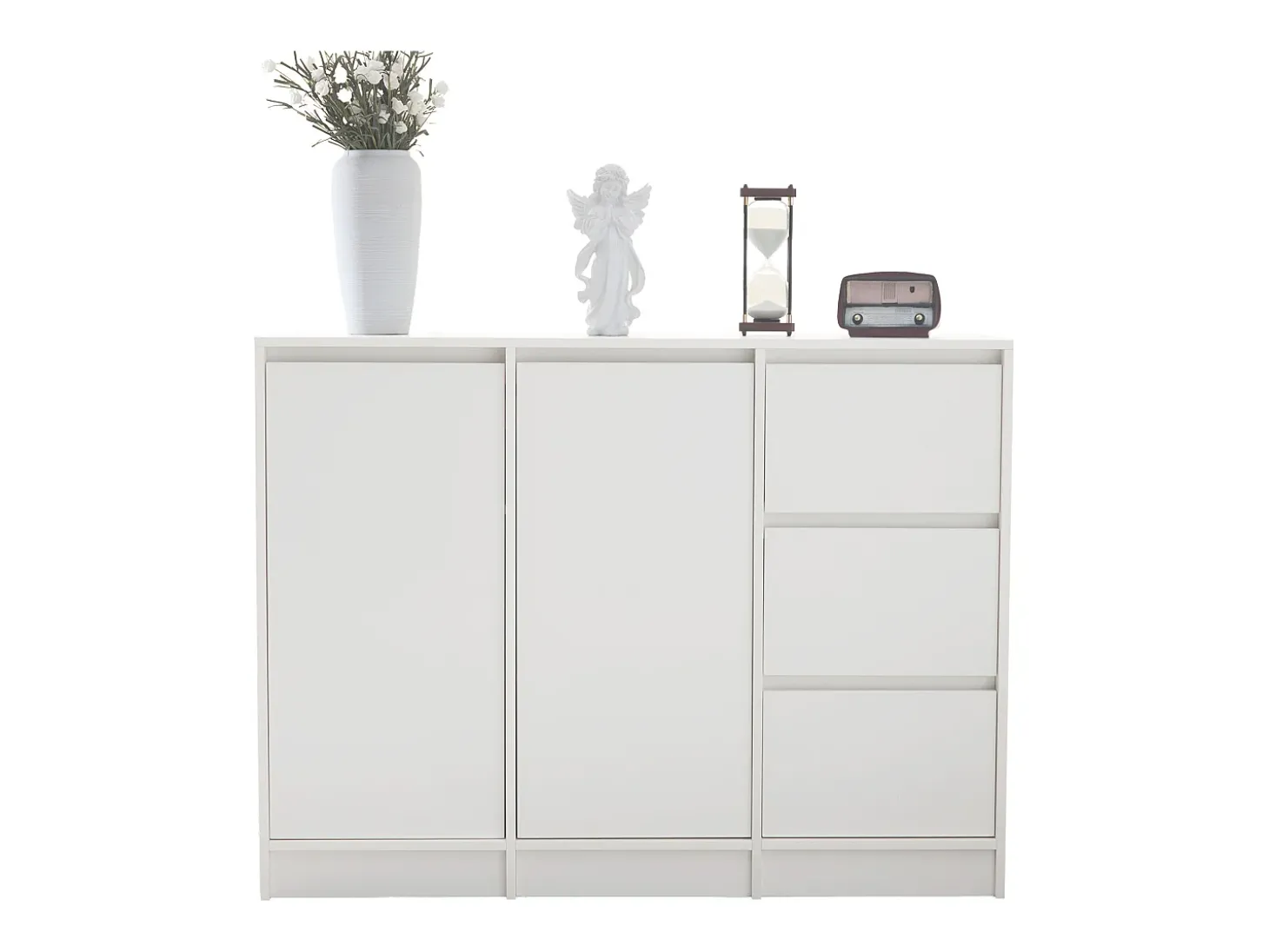 Zapatero moderno con gran espacio de almacenaje, 2 puertas y 3 cajones, balda regulable, blanco (120x35x90 cm)